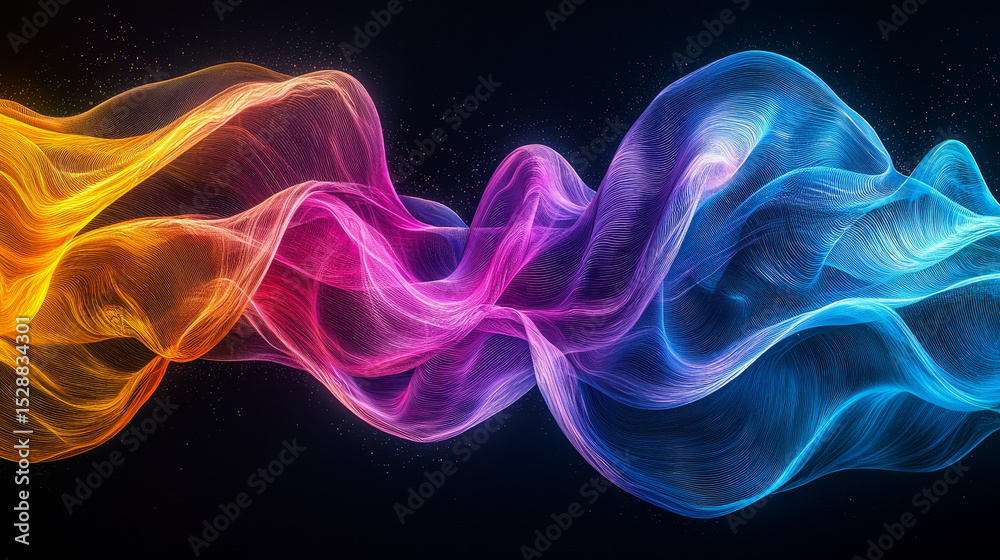 Poster vibrant and colorful abstract waves intertwine on black background, creating dynamic and fluid visua