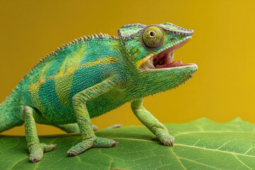 Obraz premium Vivid Green Chameleon with Open Mouth Perched on a Leaf Detailed Closeup
