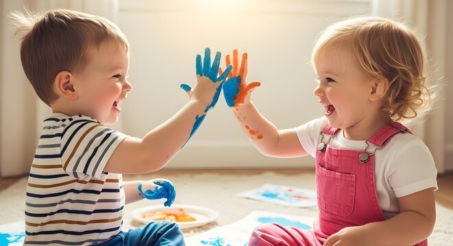 Happy Children with Painted Hands High-Fiving | Toddler Boy and Girl Having Fun with Colorful Finger Paint for Preschool and Early Childhood Education Marketing