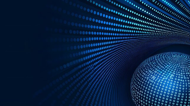A dark blue abstract background features a sphere covered in binary code, surrounded by radiating lines of blue dots that create a sense of depth and movement.