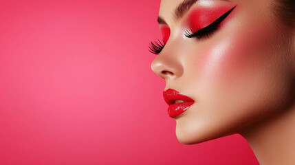 Bold Red Makeup and Dramatic Eyeliner on Woman with Vibrant Pink Background, Glamorous and Artistic Look
