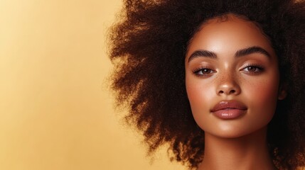 A close portrait of a confident young woman flaunting her natural beauty against a warm background, radiating self-assurance and inviting viewers to appreciate authenticity and self-love.