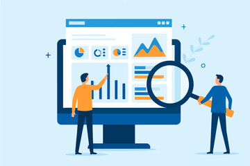 Two businessmen analyze data charts and graphs on a computer screen.  Business analytics, growth, progress, and success are visualized.  Modern vector illustration.