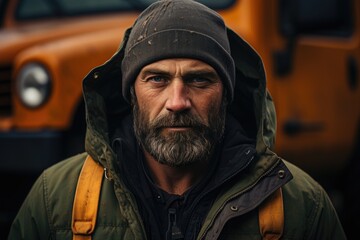 Fototapeta premium A rugged-looking man wearing a beanie and an outdoor jacket stands confidently in front of an orange vehicle, portraying resilience and strength in tough conditions.