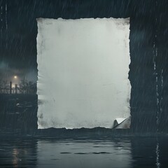 an empty page paper with torn edges in the rain at night, reflecting on wet pavement under a distant streetlight, moody cinematic atmosphere with water droplets, dramatic concept art