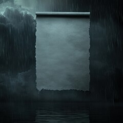 an empty page paper scroll hanging in the middle of dark storm clouds and heavy rain, moody and dramatic atmosphere with reflections on water surface, surreal cinematic scene