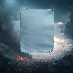 an empty page paper floating in a dramatic apocalyptic wasteland, torn edges and blank white sheet hovering above a scorched battlefield with rising smoke, burning embers, and dark storm clouds