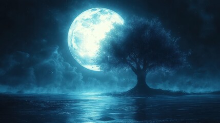 Enigmatic full moon illuminates dark coastal landscape with a lonely tree in surreal night scene mystical blue hue
