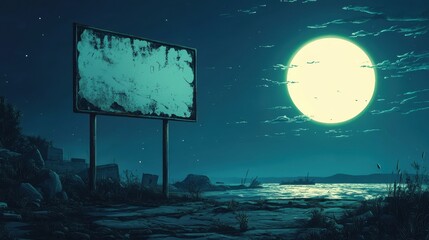 an empty sign standing alone under a giant glowing full moon, abandoned landscape with cracked ground, wild grass, and stars filling the clear night sky, surreal and cinematic atmosphere