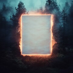 an empty page paper glowing brightly in the middle of a misty dark forest, surrounded by surreal smoke and burning light edges, creating a mysterious atmosphere