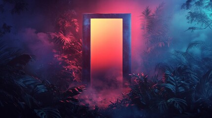 a mysterious neon-lit doorway standing in a misty jungle, glowing with vibrant pink and blue lights, surrounded by dense tropical plants and ethereal fog