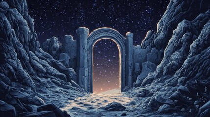 a majestic ancient stone archway standing in a rocky mountain pass, opening into a sparkling star-filled galaxy sky, surrounded by rugged cliffs and cosmic light