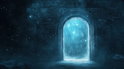 an ancient stone archway portal opening into a star-filled cosmic universe, surrounded by dark stone walls and scattered glowing stars