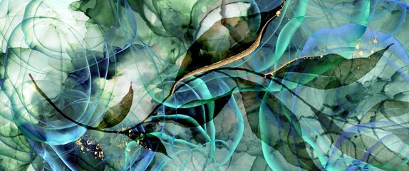Hand drawn abstract background with green colour accent and organic motif