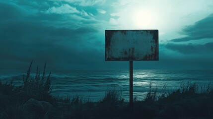 an empty sign standing alone by a stormy ocean shore under a moody cloudy sky, with wild grass and crashing waves, evoking solitude and mystery
