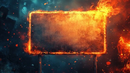 an empty sign engulfed in dramatic blazing flames, with glowing embers flying around in a dark smoky atmosphere, evoking intense heat and danger