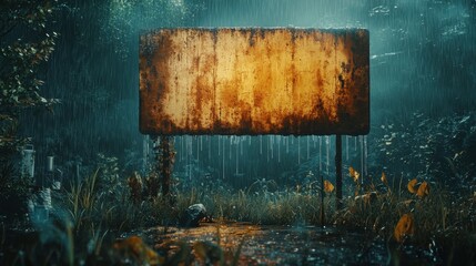 an empty sign weathered with rust and heavy rain pouring down in a lush overgrown jungle, creating a moody abandoned atmosphere