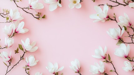 Magnolia Flowers Frame on Pink Background