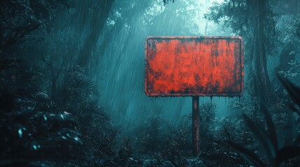 an empty sign painted in bold red, standing alone in a misty rainforest under heavy rain, evoking a mysterious jungle adventure atmosphere