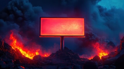 an empty sign glowing in red-hot hues, rising from a fiery volcanic landscape, surrounded by molten lava, blackened rocks, and smoke under a dark dramatic sky, conveying intense heat