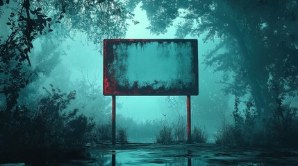 an empty sign in a flooded forest clearing, the worn-out red frame contrasts against the eerie teal mist, surrounded by shadowy branches and murky reflections, evoking a haunting and surreal mood