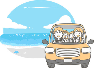 海へドライブをする笑顔の家族／ファミリーのベクターイラスト
