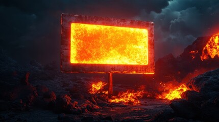 an empty sign melting in a volcanic landscape, surrounded by molten lava and scorched rocks, under a dark stormy sky, evoking extreme heat and apocalyptic intensity
