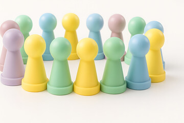 Obraz premium Pastel colored game pawns arranged in circle shape, teamwork and leadership concept, diversity and inclusion metaphor, group strategy planning, unity and cooperation visual for collaboration themes