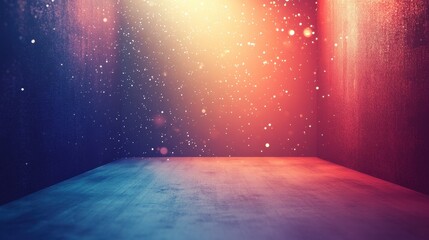 an empty room glowing with warm red and cool blue hues, filled with sparkling particles suspended in air, the vibrant gradient lighting and magical dust-like atmosphere