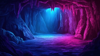 an empty room designed as a glowing neon cave — vibrant magenta and electric blue lights reflect off jagged stalactites and textured rock surfaces, evoking a surreal underground fantasy realm filled