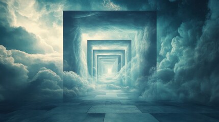 an empty room in the clouds, featuring infinite archways fading into light, surreal dreamlike atmosphere, soft ethereal lighting, heavenly portal illusion