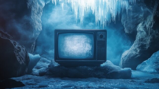 an empty television resting in an icy cave, static screen glowing faintly amid frozen stalactites and mist , conveying silence, isolation, and forgotten transmissions
