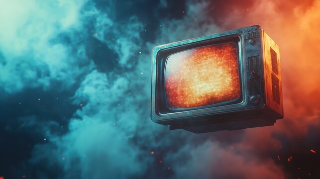 an empty television floating in a surreal sky, screen glowing with digital fire, surrounded by contrasting blue and orange clouds - Powered by Adobe