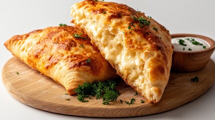 A delicious golden calzone filled with melted cheese sits on a wooden platter beside a small bowl of creamy dipping sauce, inviting everyone to indulge in this cheesy delight.