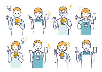 笑顔でスマホを使うエプロンを着た男女のイラストセット