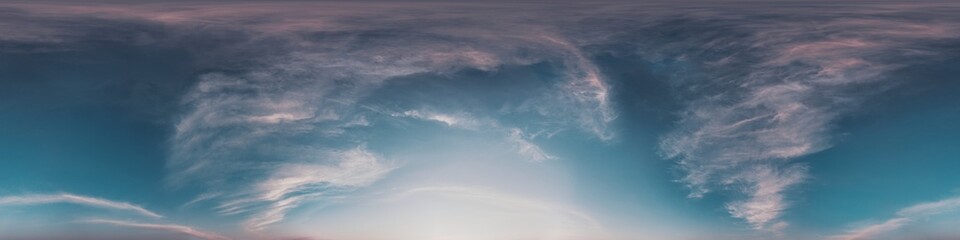 Obraz premium Sunset sky with bright glowing pink Cirrus clouds. Seamless spherical HDR 360 panorama. Full zenith or sky dome in 3D, sky replacement for aerial drone panoramas. Climate and weather change.