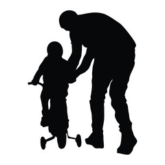 Father helping or teaching son ride bicycle silhouette icon vector illustration design on white background