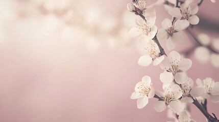 Spring Blossom Branch with White Flowers on Pink Background