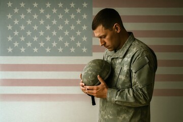 PTSD Awareness Day concept. Soldier Honoring in Silence. Military man in uniform holding helmet with bowed head in front of American flag, solemn tribute.