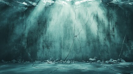 an empty wall in a ruined chamber, showing cracked concrete and scattered debris under beams of light piercing from above