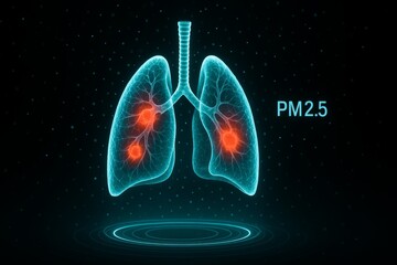 Lungs Damaged by PM2.5. Holographic lung scan with red tumor spots indicating pollution-related health risks, digital air quality concept.