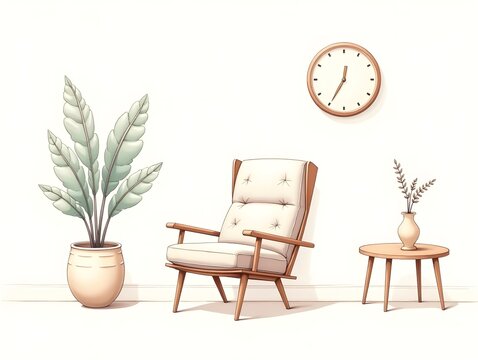 a drawing of a living room with a chair, plant and clock