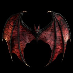 demonic bat with large blood-red wings, black sinewy frame, golden claws, and piercing gaze