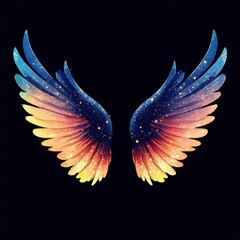 starlit galaxy wings, featuring vibrant feather layers in blue, purple, orange, and yellow hues, embedded with shimmering stars and cosmic dust on a dark background