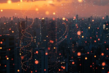 DNA strand overlays data processing in a vibrant cityscape at sunset, dna strand and data processing over cityscape