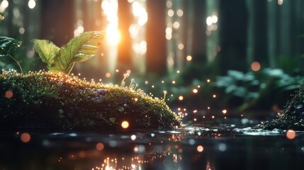 A serene forest scene capturing the sunlight filtering through trees, illuminating a vibrant fern covered in dew drops, symbolizing nature's beauty and tranquility.