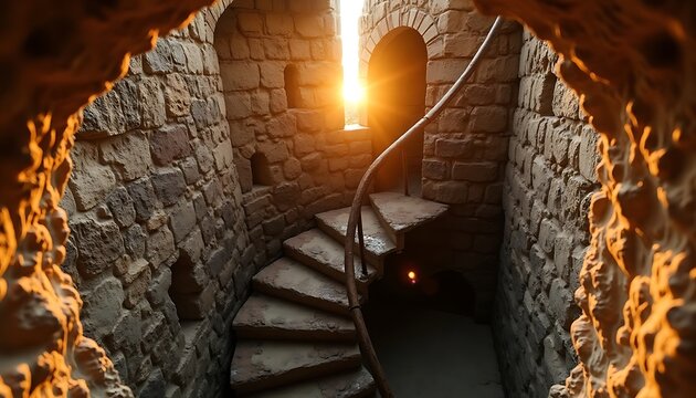 Stone staircase winding down inside old stone tower with sunlight.