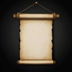 a hanging ancient scroll made of parchment paper, suspended by a rope, with blank space for text, vintage medieval document style on a dark background