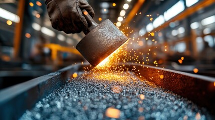 A skilled craftsman works diligently in a metal workshop, striking a hot metal piece to create sparks, exemplifying craftsmanship, skill, and dedication to the trade.