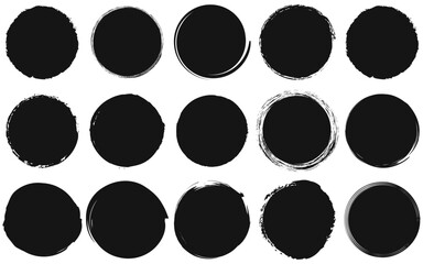 hand drawn circle splashe set round artistic grunge black shape paint dirty ink strokes silhouette vector background element damaged grainy spray paintbrush splat dye abstract